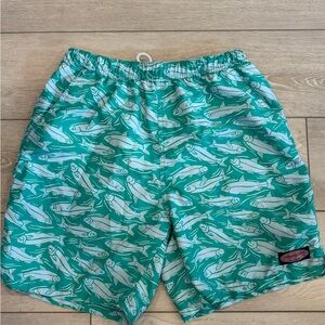 Vineyard Vines Teal & White Fish-Print Swim Trunks